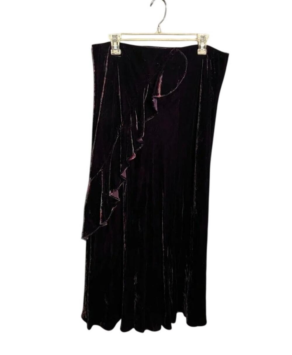 Lauren Ralph Lauren Silk Velvet Paisley Ruffle Maxi Skirt L Purple Whimsigoth